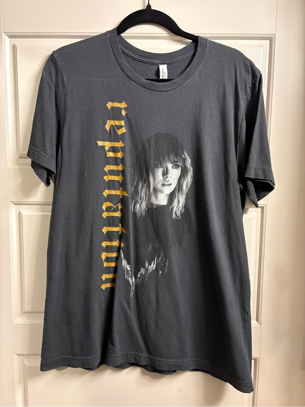 Bella Canvas Taylor Swift Charcoal Tee with Gold Gothic Script and Monochrome